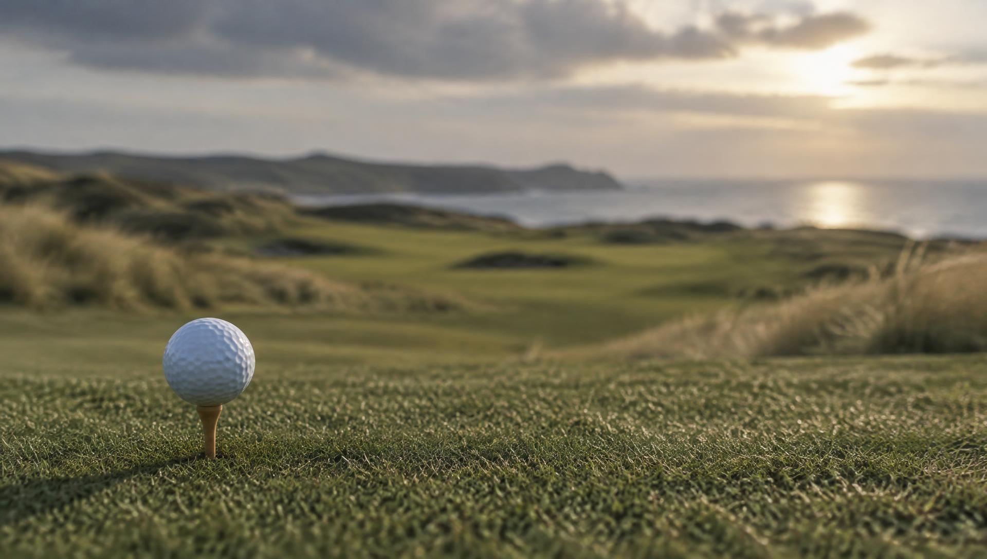Golf ball on a tee above a coastal links